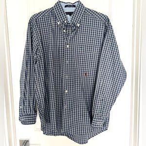 Men’s Tommy Hilfiger, long sleeve button down shirt, blue plaid. Size medium